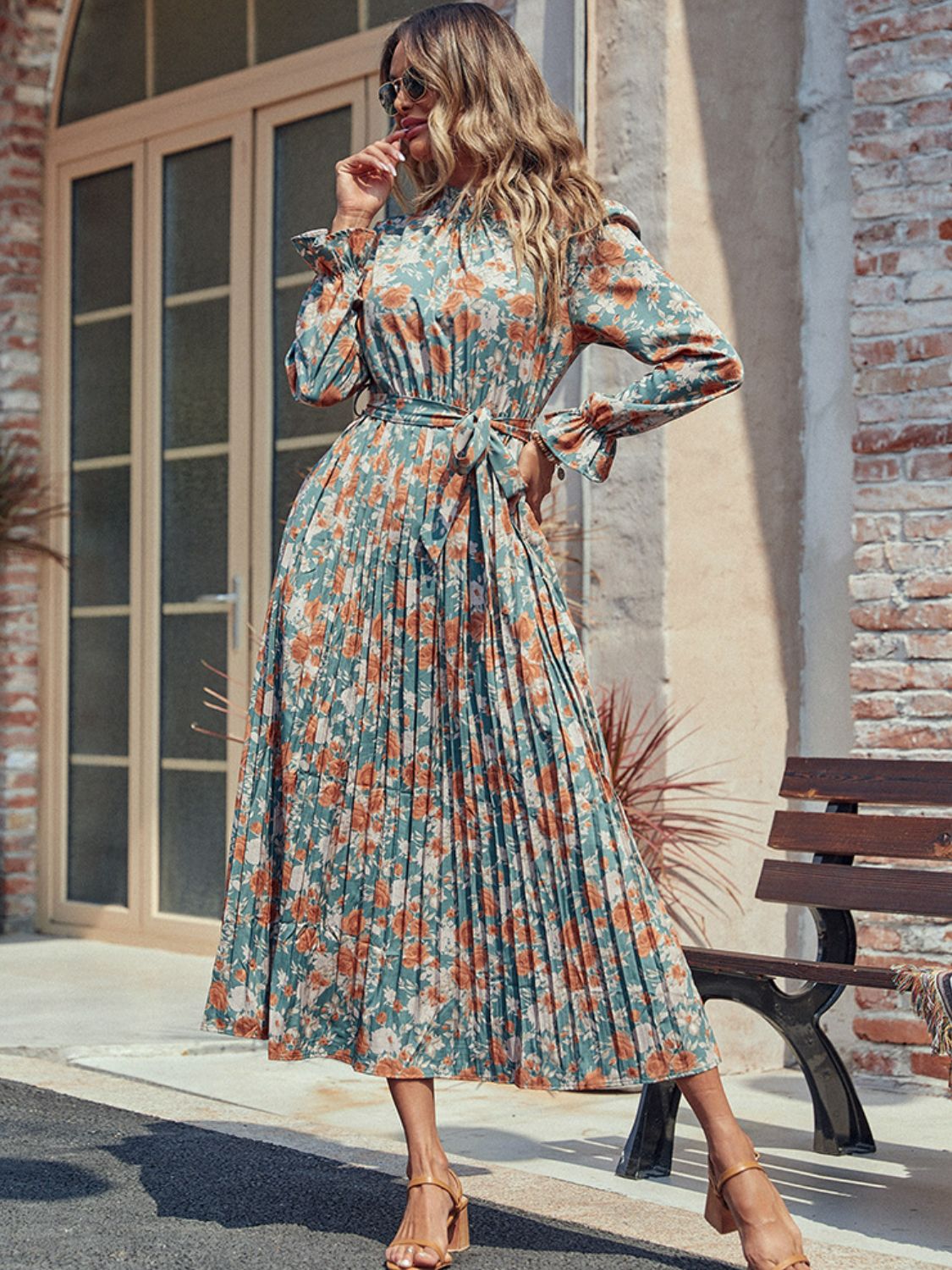 Pleated Long Sleeve Dress