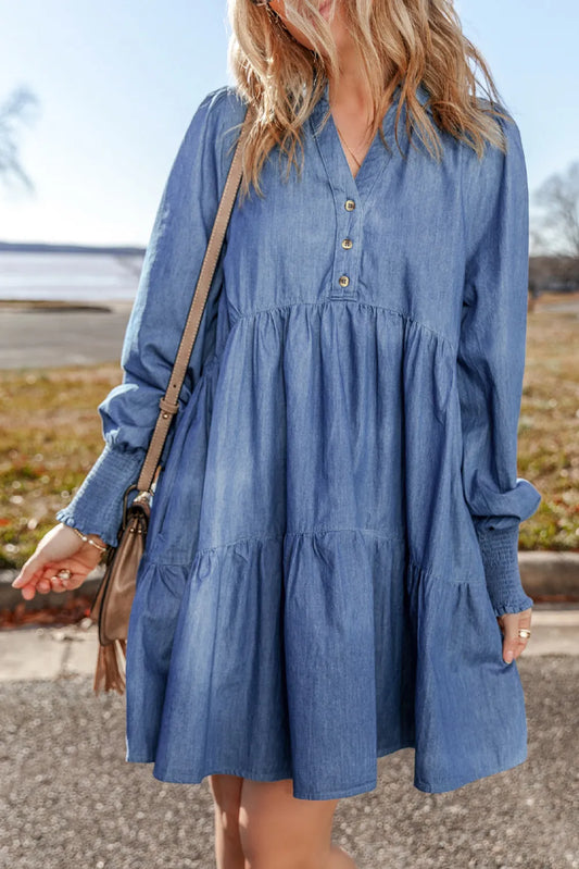 Tiered Johnny Collar Denim Dress