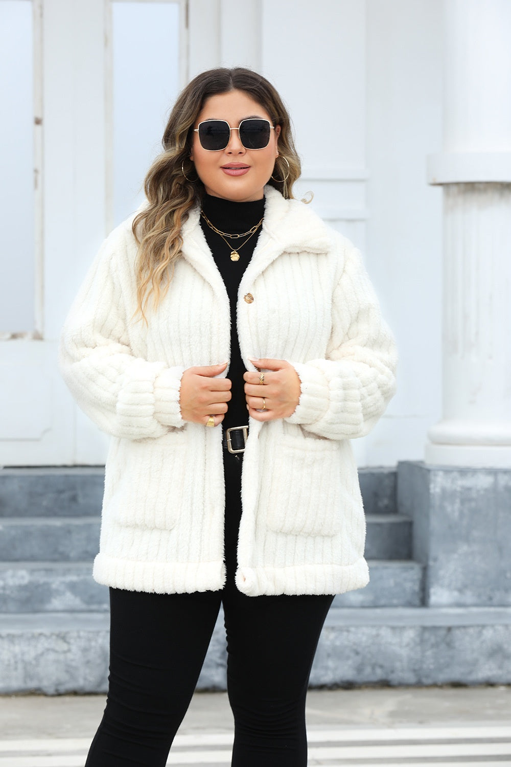 Plus Size Fuzzy Collared Neck Jacket