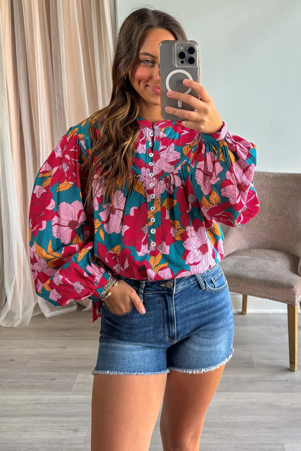 Floral Half Button Balloon Sleeve Blouse