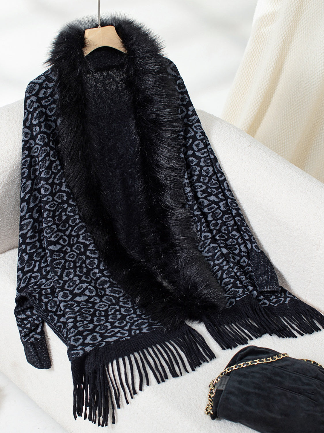 Fringe Leopard Open Front Poncho