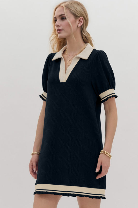 Contrast Trim Johnny Collar Mini Dress