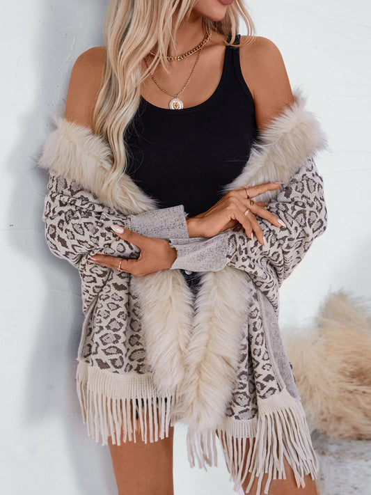 Fringe Leopard Open Front Poncho