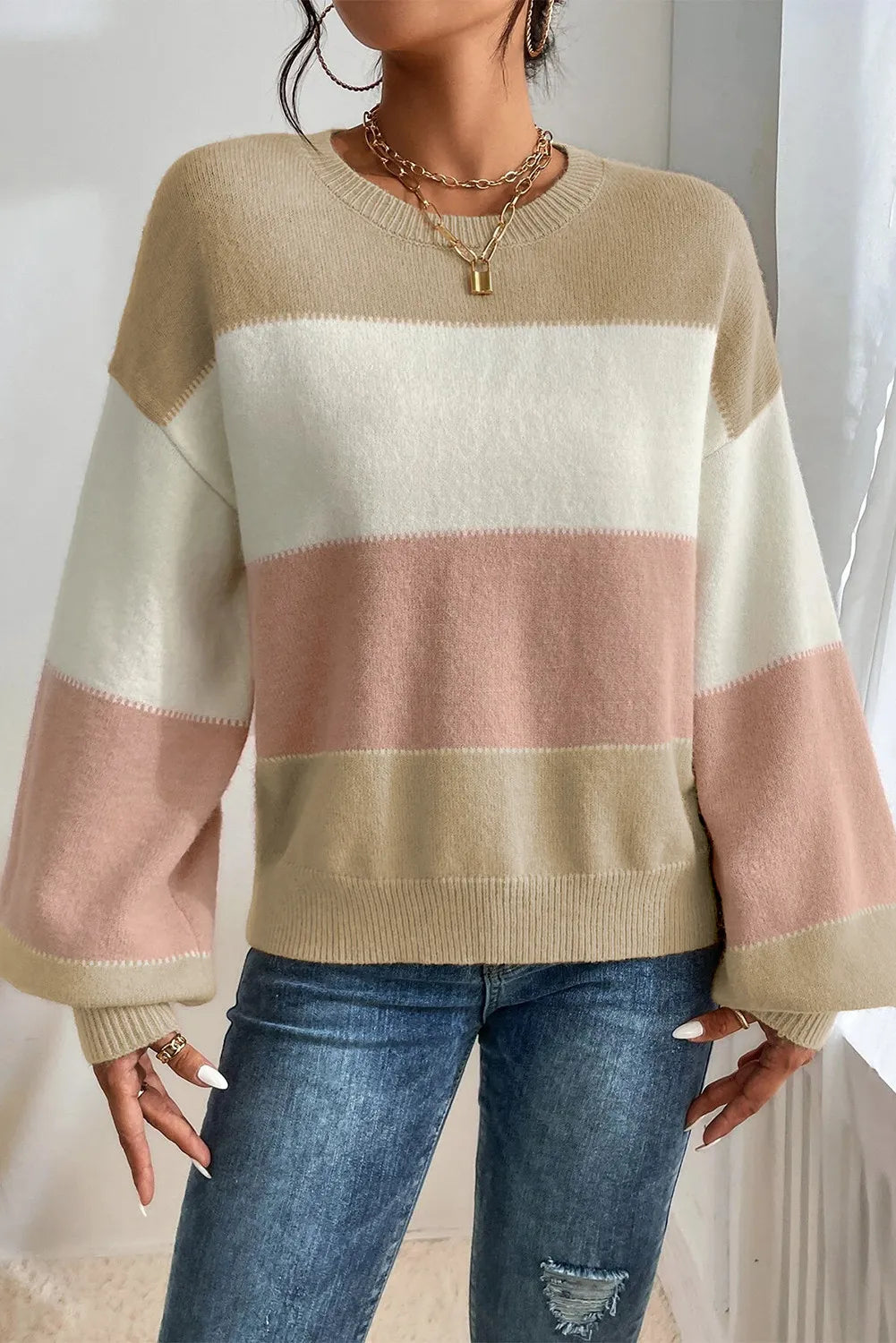 Color Block Lantern Sleeve Sweater