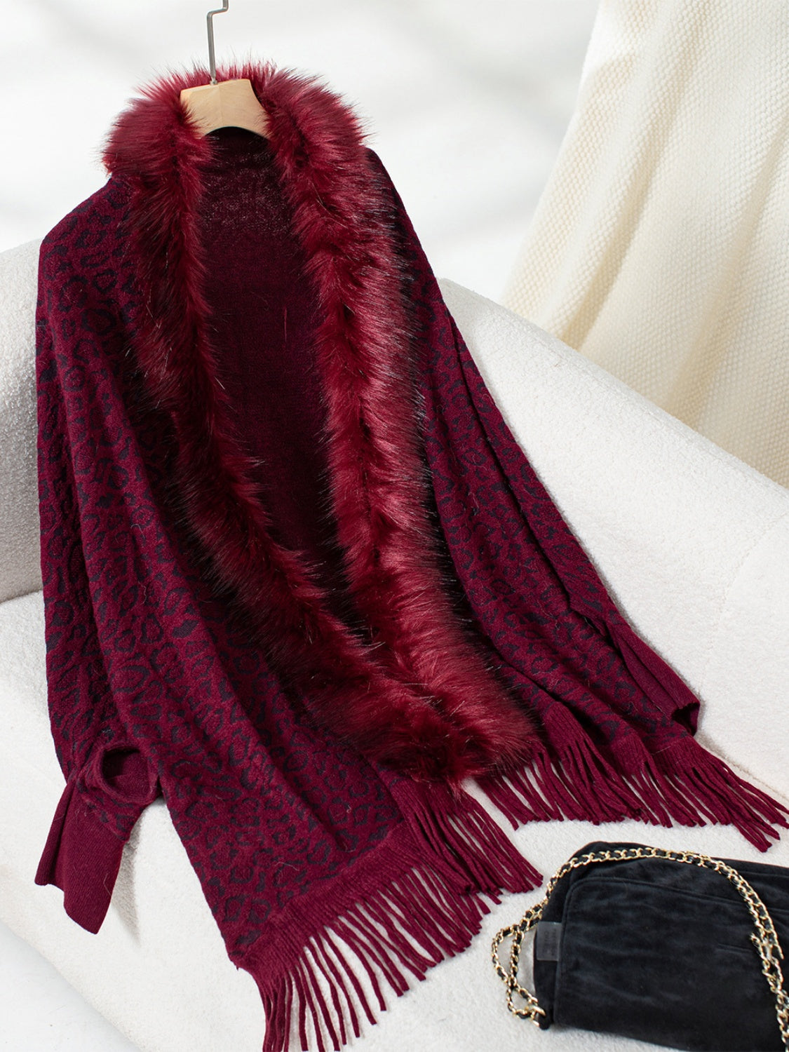 Fringe Leopard Open Front Poncho