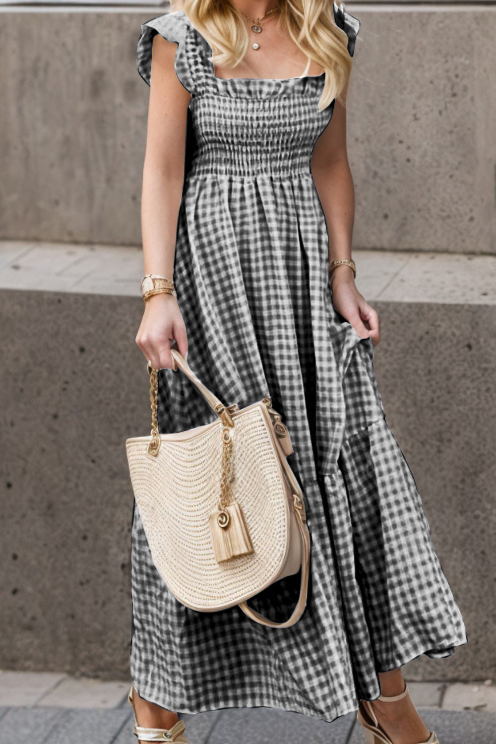 Smocked Plaid Ruffle Hem Dress