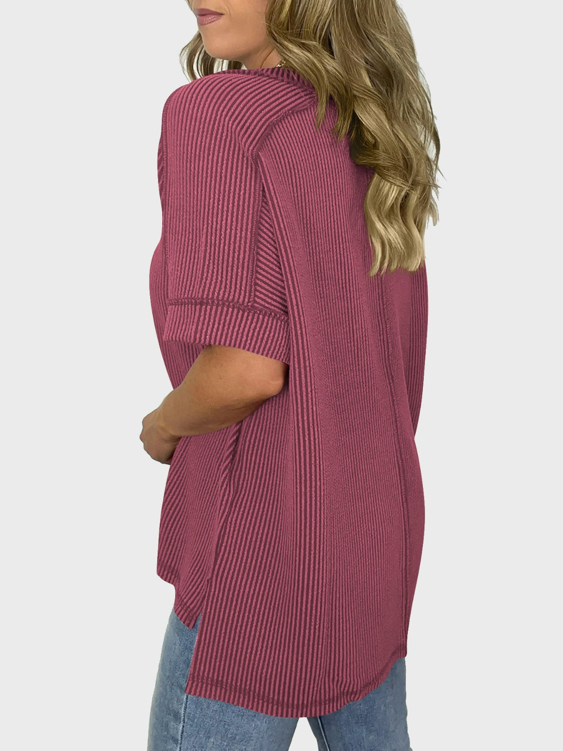 Casual Rib Knit High Low Tee