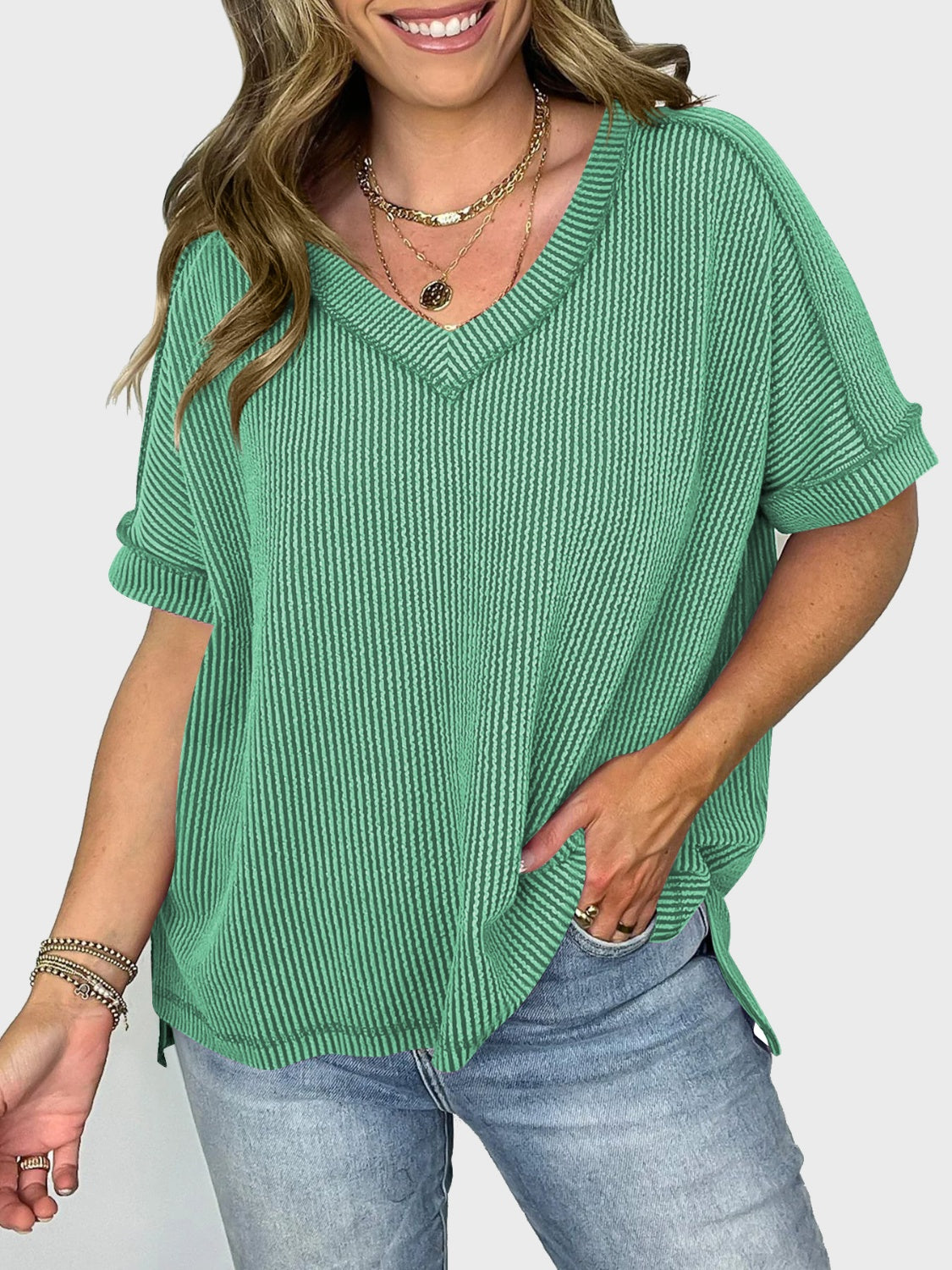 Casual Rib Knit High Low Tee