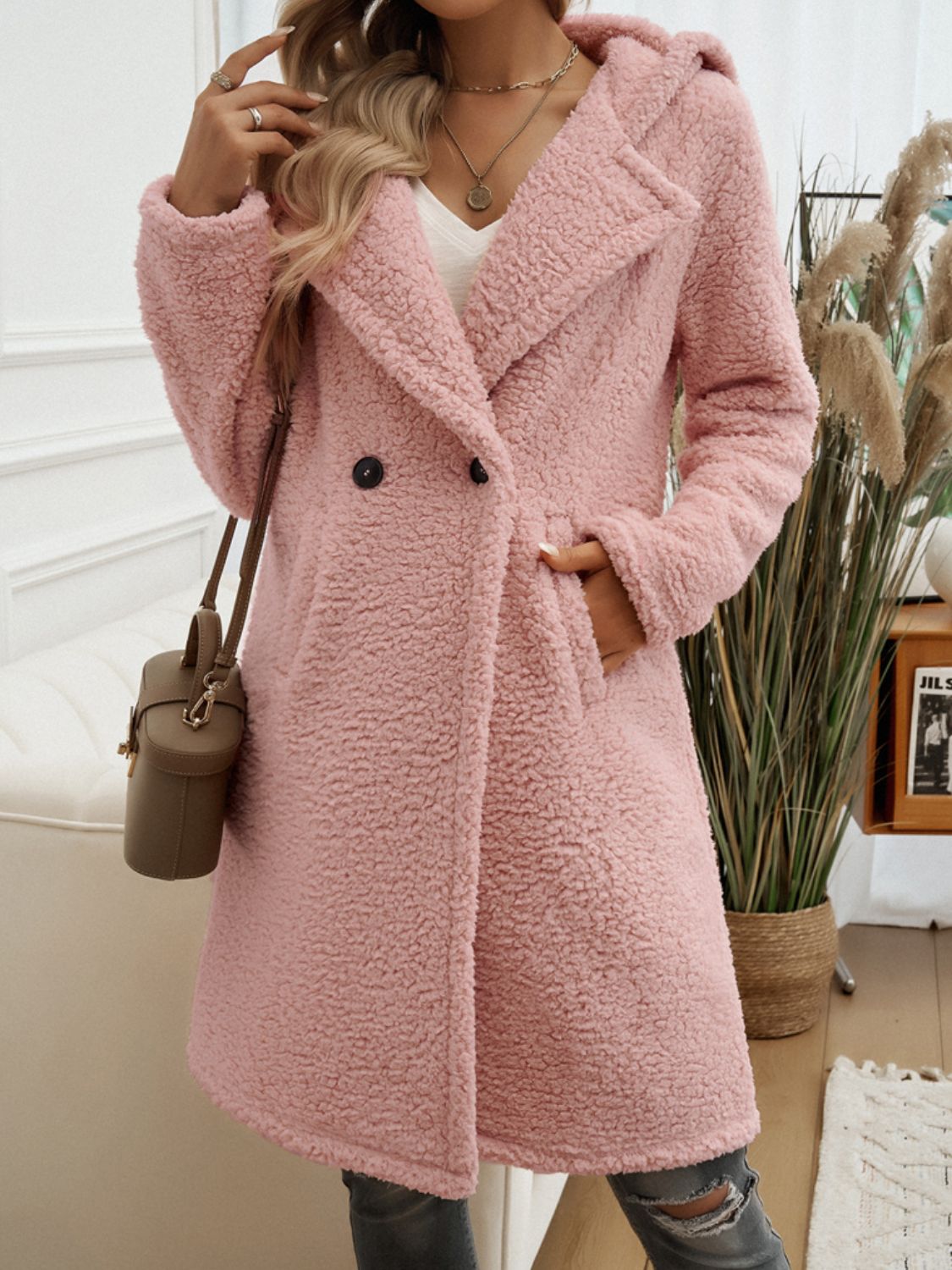 Pocketed Hooded Teddy Coat