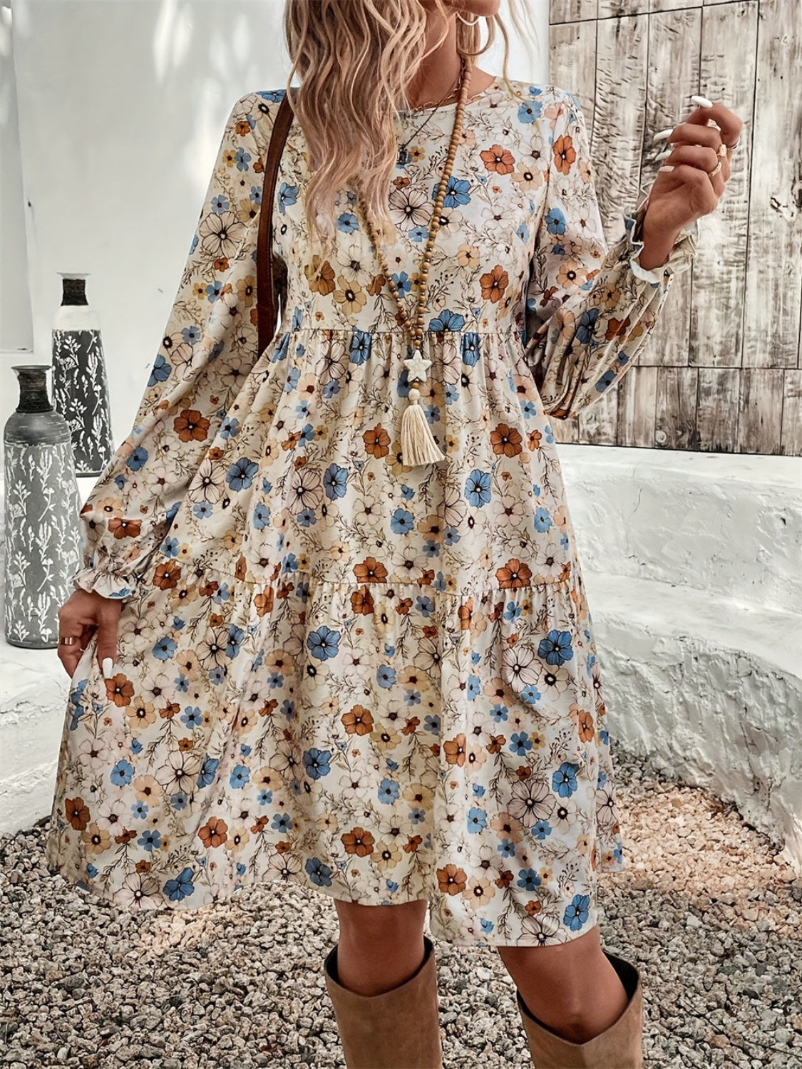 Floral Ruffled Long Sleeve Dress