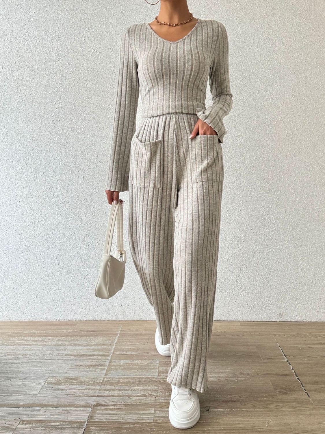 Ribbed Long Sleeve Top and Pants Set