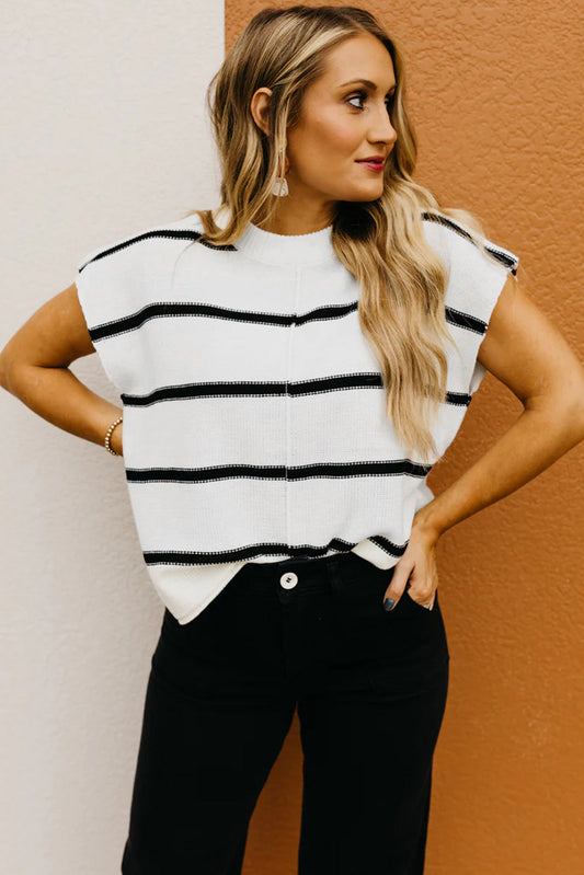 White Stripe Batwing Sleeve Sweater