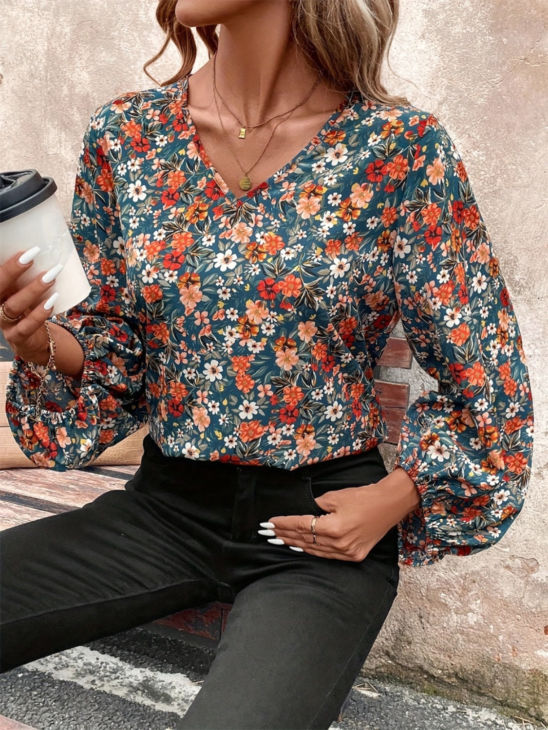 Floral Balloon Sleeve Blouse