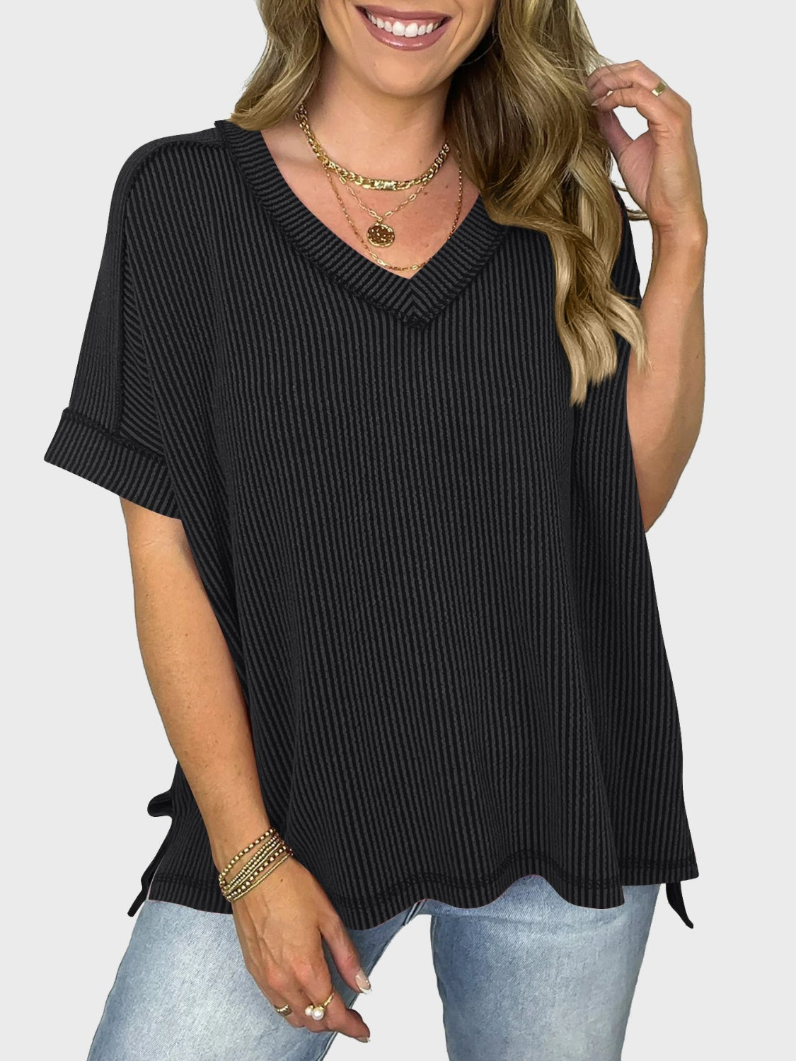 Casual Rib Knit High Low Tee