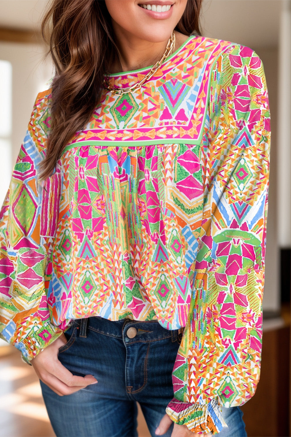 Geometric Round Neck Blouse