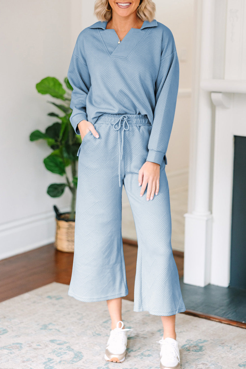 Textured Collared Neck Top and Pants Set